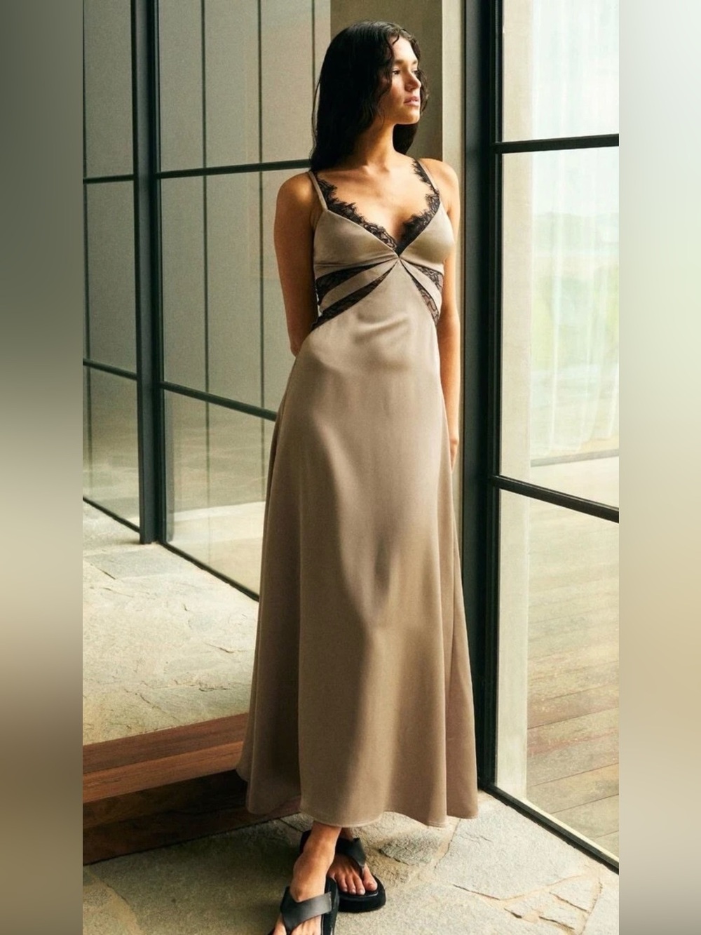 Tan Satin Midi Slip Dress with Black Lace Accents